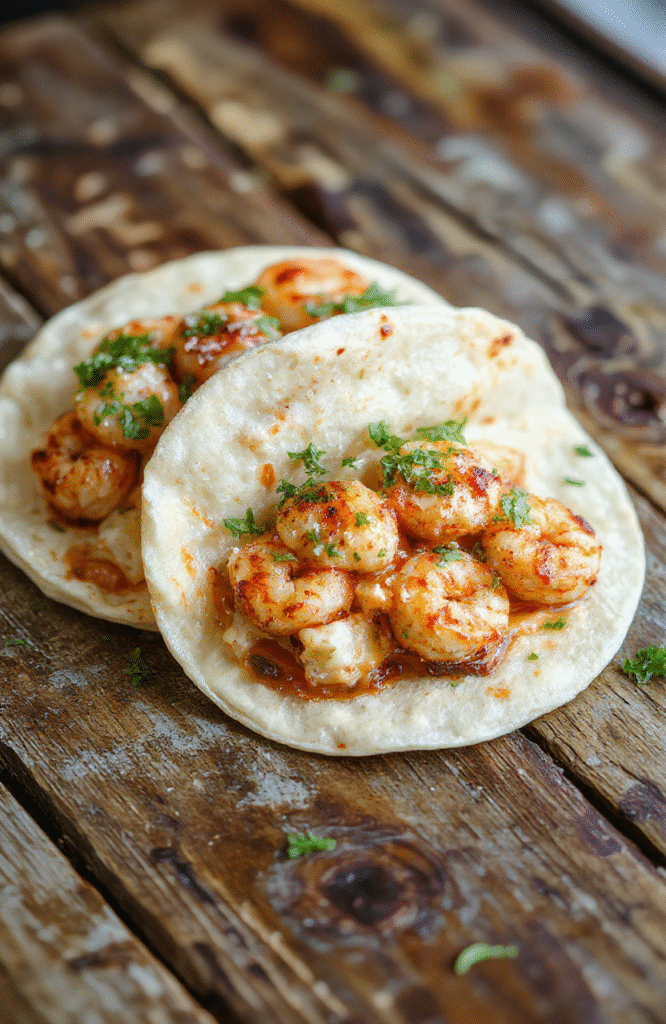 Vibrant shrimp tacos on a white plate with fresh toppings like shredded lettuce, diced tomatoes, and creamy sauce, set on a rustic wooden table with colorful ingredients and a bright background.