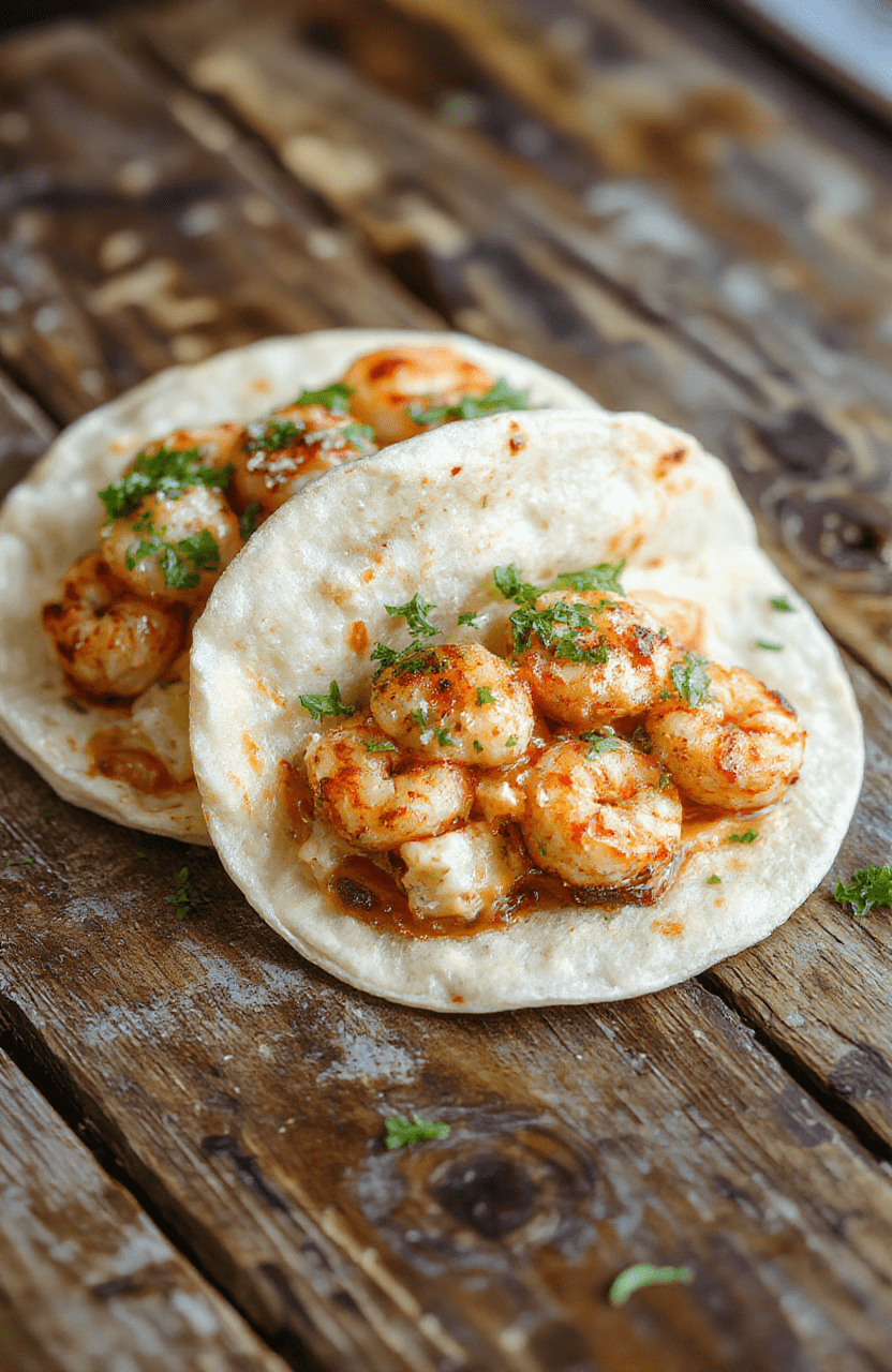Vibrant shrimp tacos on a white plate with fresh toppings like shredded lettuce, diced tomatoes, and creamy sauce, set on a rustic wooden table with colorful ingredients and a bright background.
