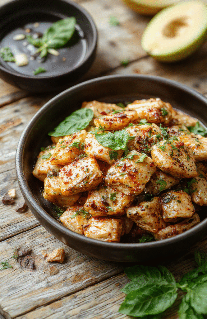 Colorful Thai basil chicken served on a white plate, garnished with fresh basil leaves, vibrant red chili slices, and caramelized onions. The dish showcases tender pieces of chicken coated in a glossy sauce, with a sprinkle of chopped herbs, set against a rustic wooden table with natural daylight highlighting the textures.