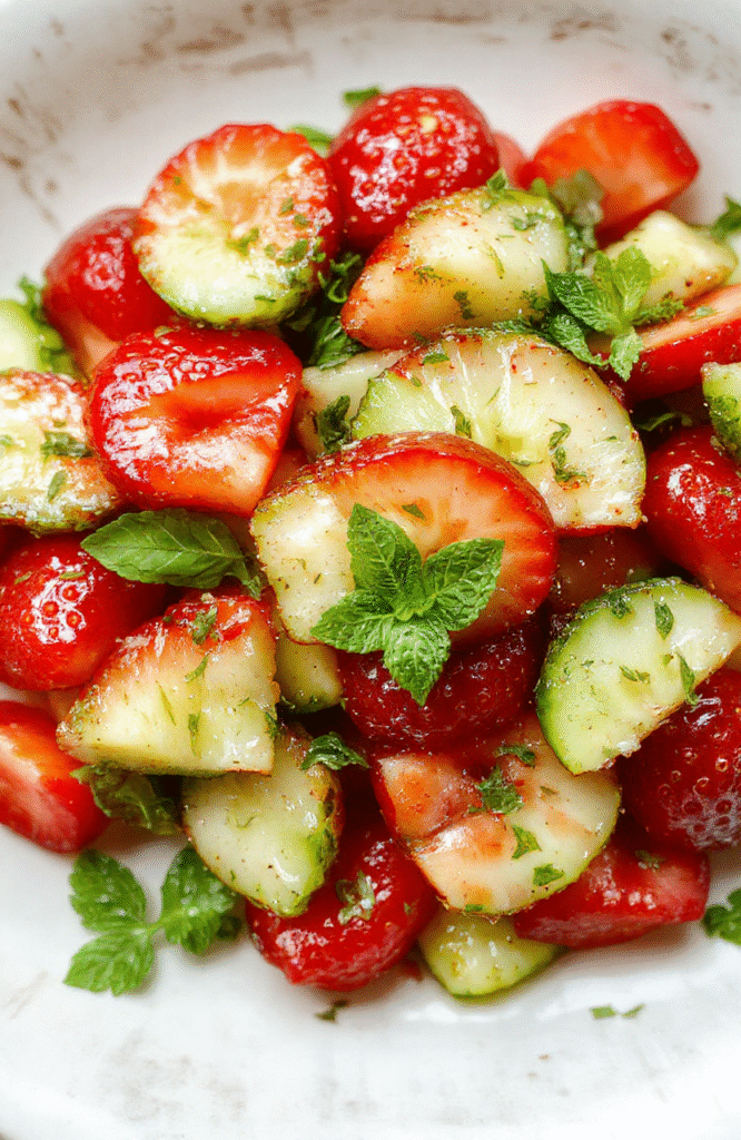 A vibrant summer salad featuring sliced fresh cucumbers and ripe strawberries arranged on a white plate. The salad is topped with fresh mint leaves and a light drizzle of dressing, showcasing bright red and green colors with a crisp texture. The presentation is clean and inviting, with a refreshing and summery vibe.