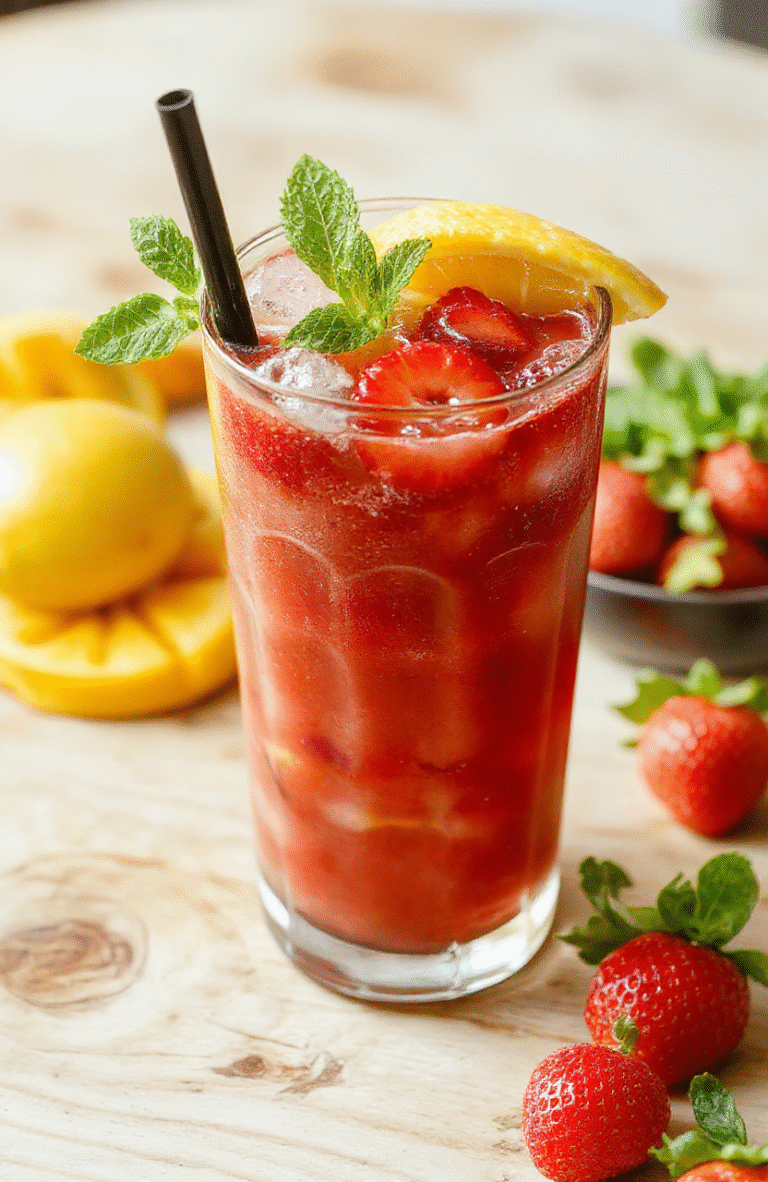 A vibrant glass of frozen mango strawberry lemonade topped with fresh fruit slices, condensation on the outside, with a colorful straw, set on a light wooden table with a blurred outdoor background