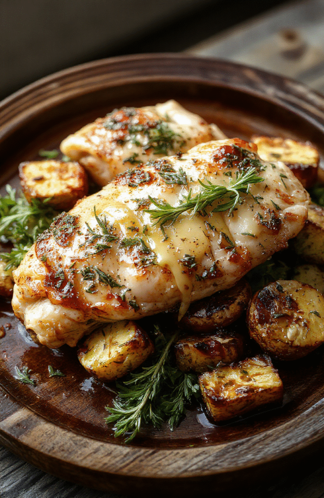 A beautifully plated rosemary chicken Dijon dish featuring golden-brown chicken breasts topped with fresh rosemary sprigs, creamy Dijon sauce, and colorful roasted vegetables, arranged on a rustic wooden plate with a vibrant green garnish, showcasing textures of tender meat and silky sauce contrasted with crispy edges.