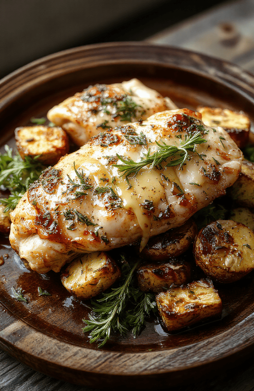 A beautifully plated rosemary chicken Dijon dish featuring golden-brown chicken breasts topped with fresh rosemary sprigs, creamy Dijon sauce, and colorful roasted vegetables, arranged on a rustic wooden plate with a vibrant green garnish, showcasing textures of tender meat and silky sauce contrasted with crispy edges.