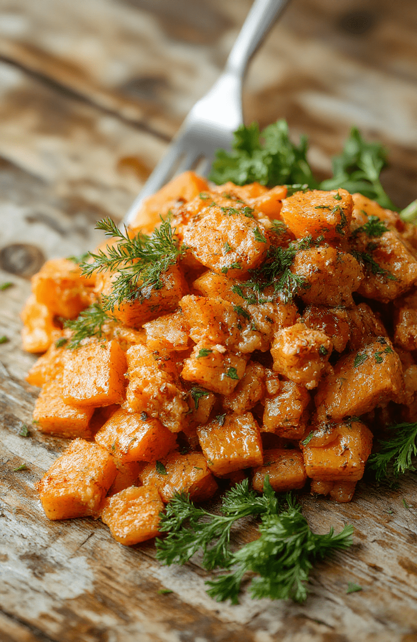A vibrant plate of smashed carrots with a glossy sheen, garnished with fresh herbs, served on a rustic wooden table, with a textured napkin nearby, highlighting the bright orange color and tender texture of the dish.