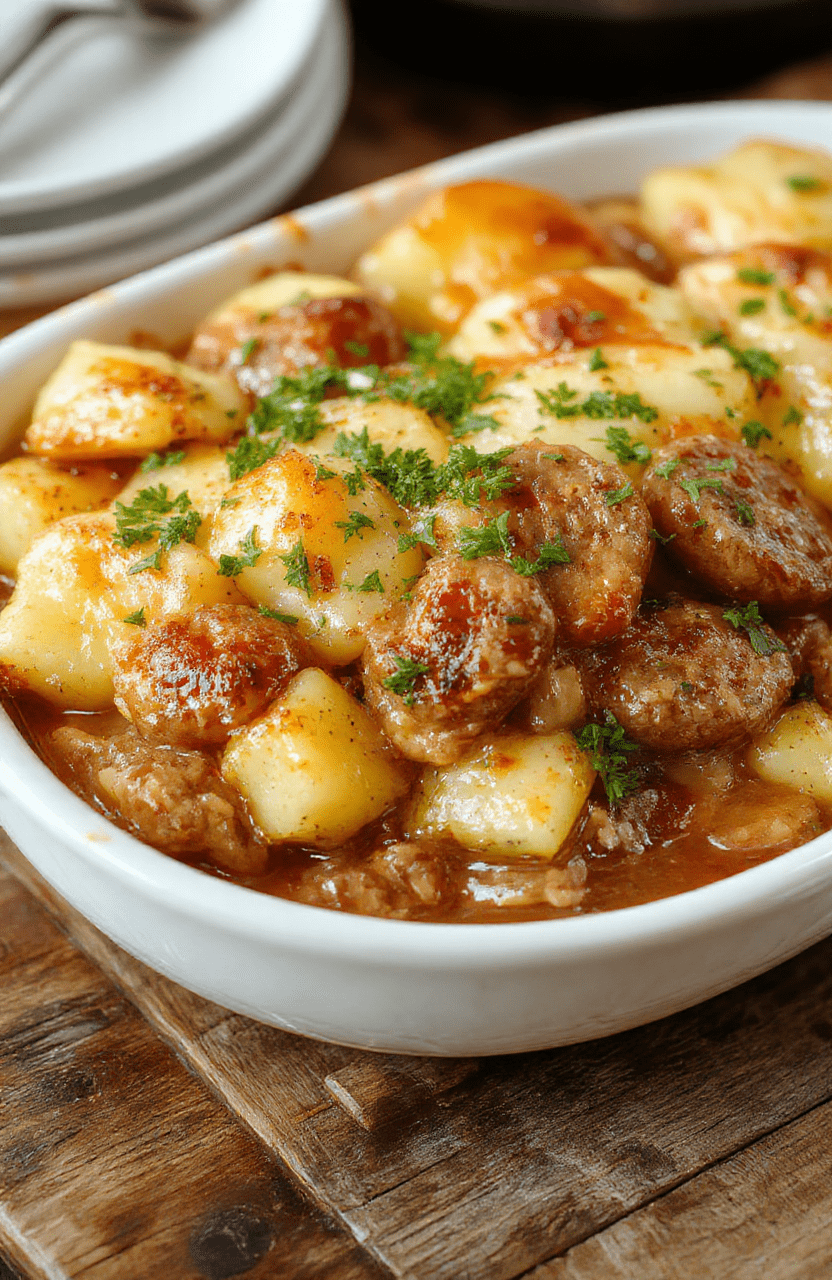 A comforting casserole featuring golden-brown sausage links nestled among creamy, cooked potatoes, topped with herbs, served on a rustic wooden table with warm lighting, creating an inviting and hearty scene.