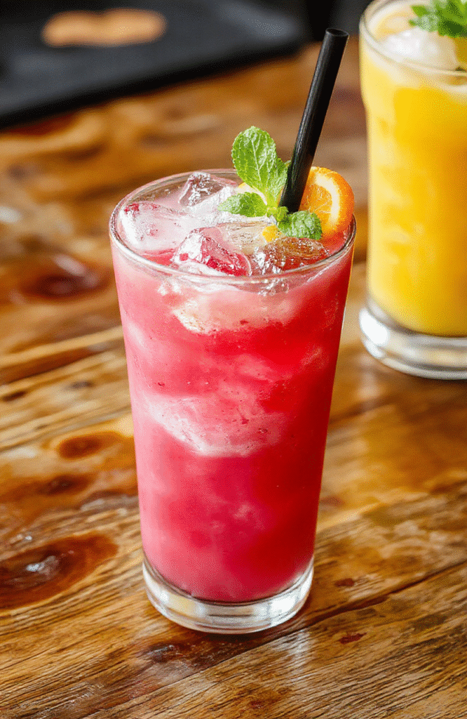 A vibrant pink Starbucks Pink Flamingo Refresher in a clear glass with ice, garnished with a fresh lemon slice and a colorful straw, set on a sunny outdoor table with a blurred tropical background
