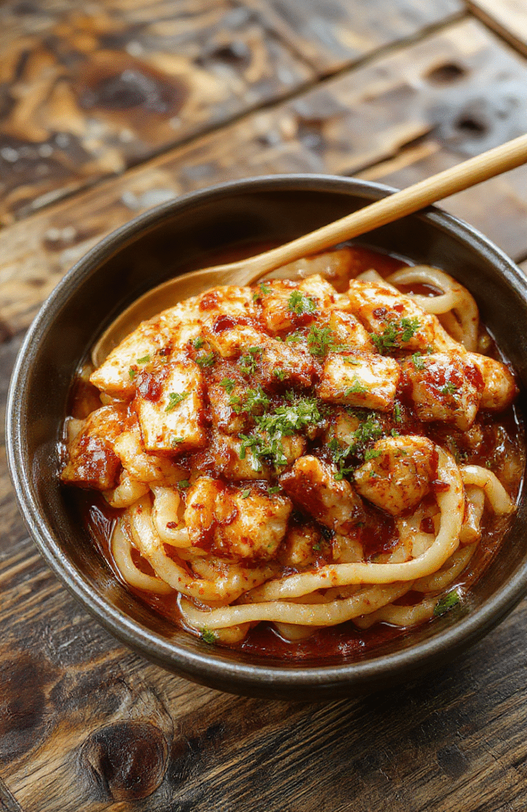 A vibrant plate of sticky garlic chicken noodles with golden-brown chicken slices, glossy noodles coated in garlic sauce, garnished with green onions and sesame seeds on a rustic wooden table, colorful vegetables in the background, inviting and appetizing.