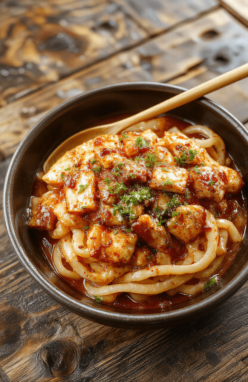 A vibrant plate of sticky garlic chicken noodles with golden-brown chicken slices, glossy noodles coated in garlic sauce, garnished with green onions and sesame seeds on a rustic wooden table, colorful vegetables in the background, inviting and appetizing.