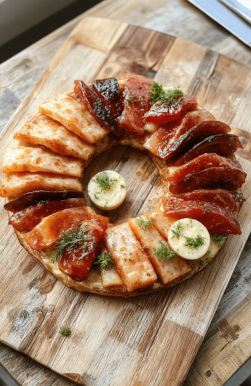 A beautifully arranged charcuterie wreath featuring an assortment of cured meats, cheeses, fresh fruits, nuts, and crackers, all artfully displayed in a circular pattern on a rustic wooden board, styled with greenery and flowers for an elegant presentation, vibrant colors, and inviting textures.