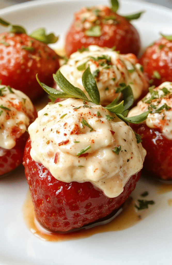 A vibrant white platter holds glossy, bright red strawberries filled with a smooth, creamy white filling topped with tiny sprinkles. The strawberries are arranged in a visually appealing manner, highlighting their shiny surface and luscious texture, with a soft-focus background hinting at a festive setting.