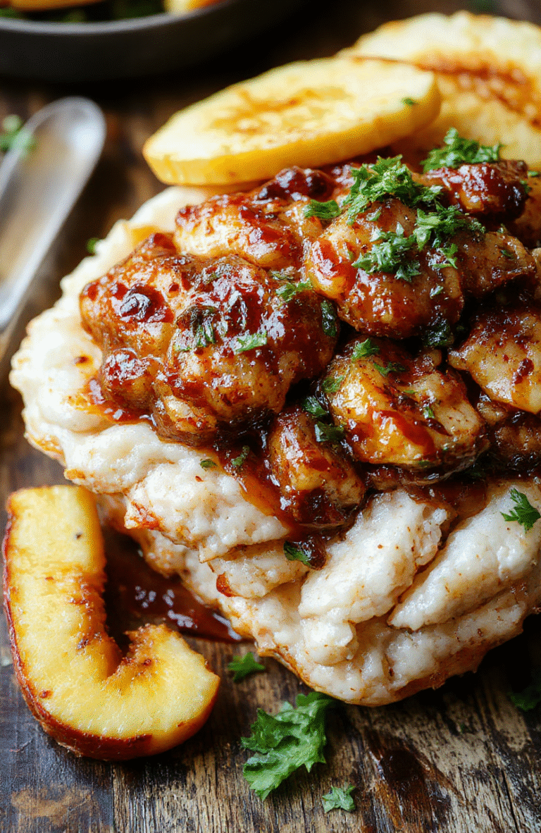 A colorful plate of shredded tender Hawaiian crockpot chicken topped with fresh pineapple chunks, sliced green onions, and a drizzle of sauce. The dish is served on a rustic wooden table with a backdrop of tropical leaves and a small bowl of rice, highlighting the juicy textures and vibrant Hawaiian flavors.