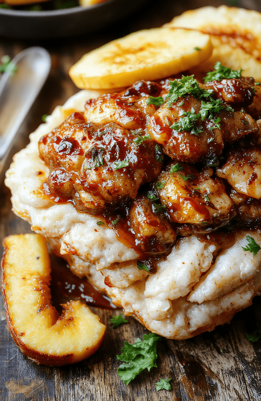 A colorful plate of shredded tender Hawaiian crockpot chicken topped with fresh pineapple chunks, sliced green onions, and a drizzle of sauce. The dish is served on a rustic wooden table with a backdrop of tropical leaves and a small bowl of rice, highlighting the juicy textures and vibrant Hawaiian flavors.
