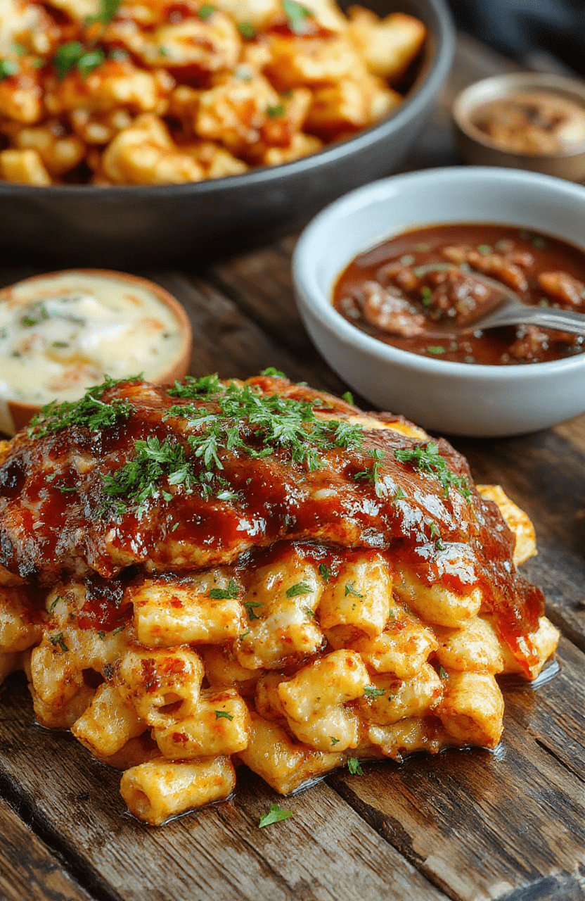 A vibrant bowl of creamy mac and cheese topped with shredded BBQ chicken, melted cheese, and chopped scallions. The dish features a rich, golden cheese sauce with visible chunks of tender BBQ chicken, served on a rustic wooden table with a hint of smoky seasoning. The presentation is inviting, highlighting the cheesy, saucy texture contrasted with the crispy chicken bits.