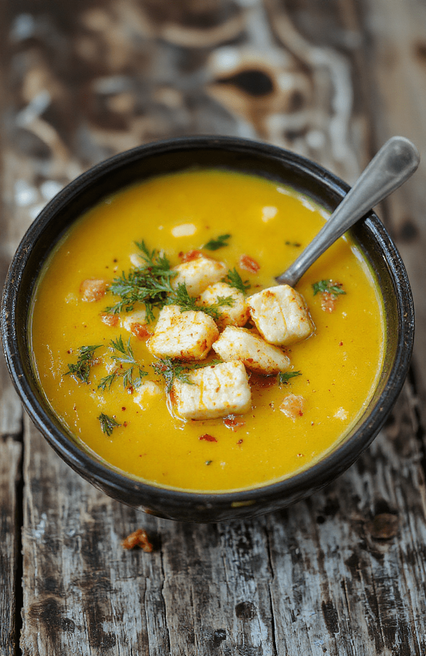 A vibrant bowl of golden turmeric chicken soup topped with fresh herbs and sliced vegetables, presented on a rustic wooden table with a warm ambiance, highlighting the rich textures and inviting colors.